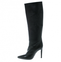 Pre Owned Ralph Lauren Black Floral Embroidered Leather Tolliver-e Knee Length Boots Size 38