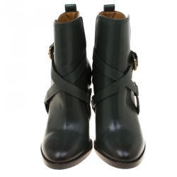 Pre Owned Ralph Lauren Green Leather Cross Strap Pointed Toe Ankle Boots Size 37