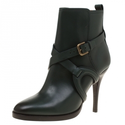 Pre Owned Ralph Lauren Green Leather Cross Strap Pointed Toe Ankle Boots Size 37