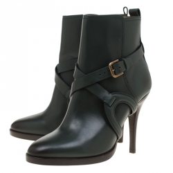 Pre Owned Ralph Lauren Green Leather Cross Strap Pointed Toe Ankle Boots Size 37