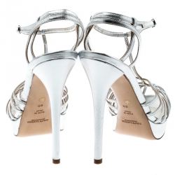 Pre Owned Ralph Lauren Metallic Silver Leather T-Strap Cut Out Platform Sandals Size 39.5