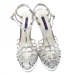 Pre Owned Ralph Lauren Metallic Silver Leather T-Strap Cut Out Platform Sandals Size 39.5