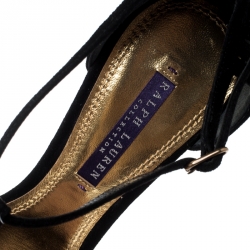Pre Owned Ralph Lauren Back Suede Jesrina Embellished Heel Peep Toe T Strap Platform Sandals Size 38