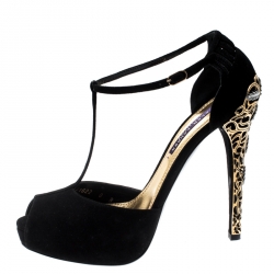 Pre Owned Ralph Lauren Back Suede Jesrina Embellished Heel Peep Toe T Strap Platform Sandals Size 38