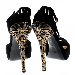 Pre Owned Ralph Lauren Back Suede Jesrina Embellished Heel Peep Toe T Strap Platform Sandals Size 38