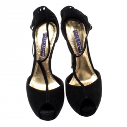 Pre Owned Ralph Lauren Back Suede Jesrina Embellished Heel Peep Toe T Strap Platform Sandals Size 38