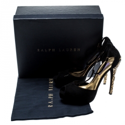 Pre Owned Ralph Lauren Back Suede Jesrina Embellished Heel Peep Toe T Strap Platform Sandals Size 38