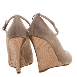 Pre Owned Ralph Lauren Beige Suede Python Leather Warah Wedge Heel Peep Toe Pumps Size 38