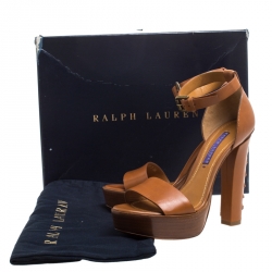Pre Owned Ralph Lauren Brown Leather Stitch Detail Block Heel Platform Ankle Strap Sandals Size 36