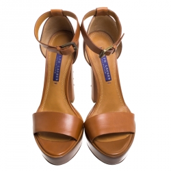 Pre Owned Ralph Lauren Brown Leather Stitch Detail Block Heel Platform Ankle Strap Sandals Size 36