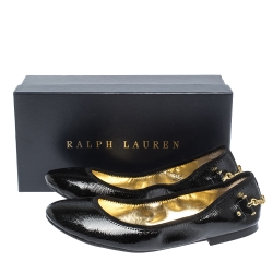 Pre Owned Ralph Lauren Black Embossed Patent Chain Embellished Scrunch Ballet Flats Size 39.5