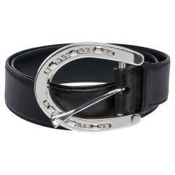 Pre Owned Ralph Lauren Black Leather Horseshoe Crystal Embellished Buckle Belt 95CM