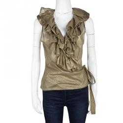 Pre Owned توب رالف لورين ملتف مكشكش شبك مقوى ذهبي M