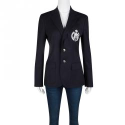 Pre Owned Ralph Lauren Navy Blue Wool Logo Embroidered Blazer M