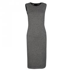 Pre Owned Ralph Lauren Monochrome Chevron Pattern Leather Trim Cashmere Dress M