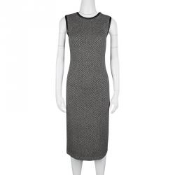 Pre Owned Ralph Lauren Monochrome Chevron Pattern Leather Trim Cashmere Dress M