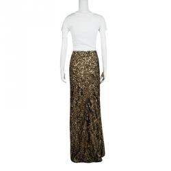 Pre Owned Ralph Lauren Gold Sequin and Feather Embellished Maxi Skirt M