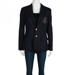 Pre Owned بليزر رالف لورين صوف زرين تفاصيل جيب مزخرف كحلي M