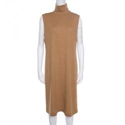 Pre Owned Ralph Lauren Tan Brown Wool Jersey Leather Trim High Neck Shift Dress XL