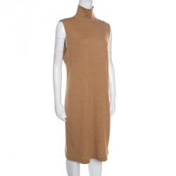 Pre Owned Ralph Lauren Tan Brown Wool Jersey Leather Trim High Neck Shift Dress XL