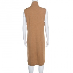 Pre Owned Ralph Lauren Tan Brown Wool Jersey Leather Trim High Neck Shift Dress XL