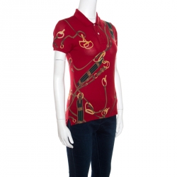 Pre Owned Ralph Lauren Red Bridle Printed Honeycomb Knit Polo T-Shirt S