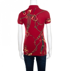 Pre Owned Ralph Lauren Red Bridle Printed Honeycomb Knit Polo T-Shirt S