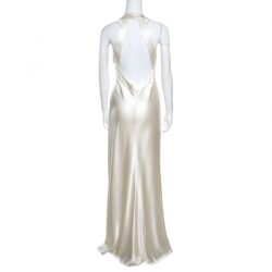 Pre Owned Ralph Lauren Off White Silk Satin Cutout Back Detail Sleeveless Gown M