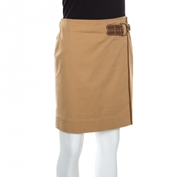 Pre Owned Ralph Lauren Tan Brown Cotton Leather Trim Wrap Skirt S