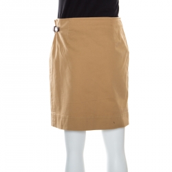 Pre Owned Ralph Lauren Tan Brown Cotton Leather Trim Wrap Skirt S