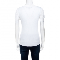Pre Owned Ralph Lauren White Ribbed Knit Lace Sleeve Detail Fitted Top S