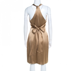 Pre Owned Ralph Lauren Gold Satin Draped Cowl Neck Halter Mini Dress M