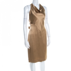 Pre Owned Ralph Lauren Gold Satin Draped Cowl Neck Halter Mini Dress M