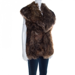 Pre Owned Ralph Lauren Brown Lamb Fur Toggle Closure Detail Shawl Lapel Vest S