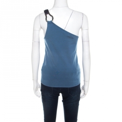 Pre Owned Ralph Lauren Blue Stretch Jersey One Shoulder Leather Strap Detail Top M