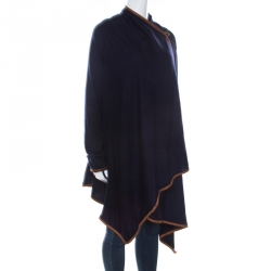 Pre Owned Ralph Lauren Navy Blue Cashmere Blend Leather Trim Wrap Cardigan XL