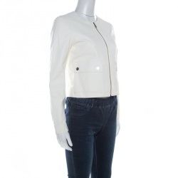 Pre Owned Ralph Lauren White Leather Ruched Waist Cropped Jacket S
