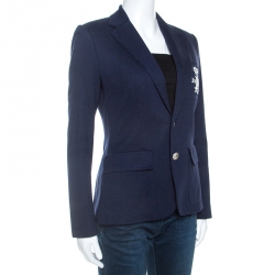 Pre Owned Ralph Lauren Navy Blue Knit Crest Detail Jacket M