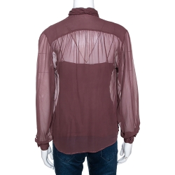 Pre Owned Ralph Lauren Plum Brown Silk Chiffon Tie Detail Blouse S