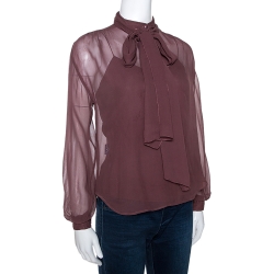Pre Owned Ralph Lauren Plum Brown Silk Chiffon Tie Detail Blouse S