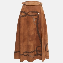 Ralph Lauren Brown Printed Suede Belted Midi Skirt S