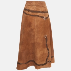 Ralph Lauren Brown Printed Suede Belted Midi Skirt S