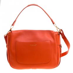 Pre Owned Ralph Lauren Red Orange Leather Hunting Messenger Bag