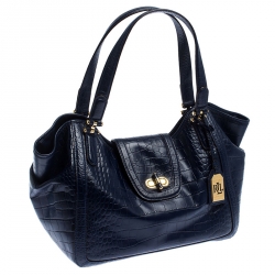 Pre Owned Lauren Ralph Lauren Blue Crocodile Embossed Leather Satchel