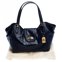 Pre Owned Lauren Ralph Lauren Blue Crocodile Embossed Leather Satchel