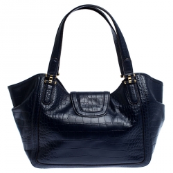 Pre Owned Lauren Ralph Lauren Blue Crocodile Embossed Leather Satchel