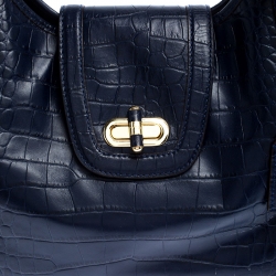 Pre Owned Lauren Ralph Lauren Blue Crocodile Embossed Leather Satchel