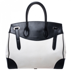 Pre Owned حقيبة يد رالف لورين ريكي جلد وكانفاس سوداء / بيضاء