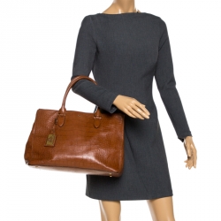 Pre Owned Lauren Ralph Lauren Brown Croc Embossed Leather Double Zip Tote