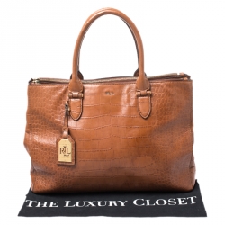 Pre Owned Lauren Ralph Lauren Brown Croc Embossed Leather Double Zip Tote